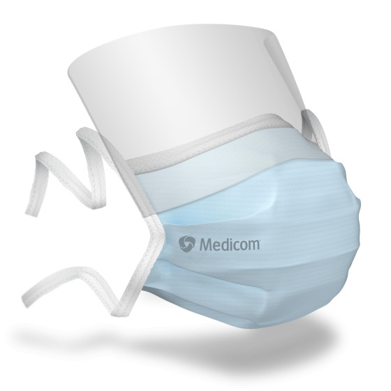 Masques médicaux anti-buée avec visière à lanières Medicom, EN14683 Type IIR Classe I - Boîte de 50 masques - Taille standard